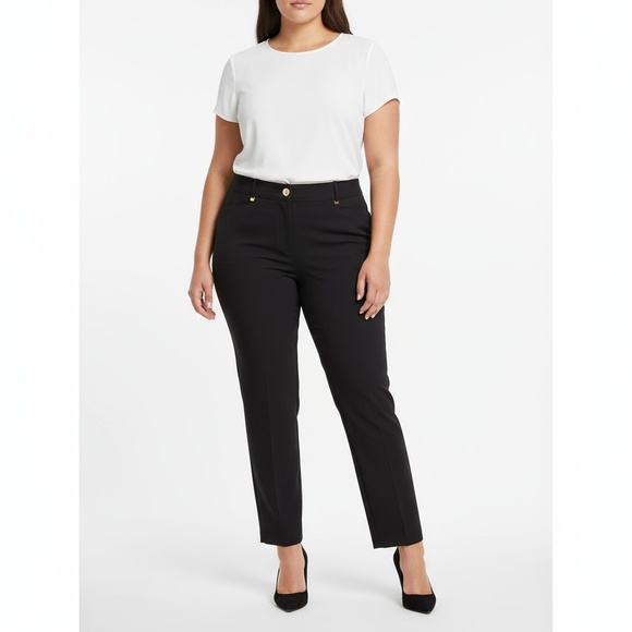 JM Collection Deep Black Curvy Fit Signature Stretch Straight Leg Pants - Picture 1 of 9